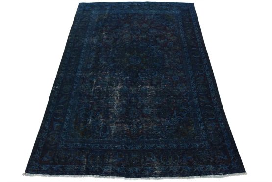 Mashad Rug 6'11'' x 9'2'' Blue Wool Vintage Overdyed Hand-Knotted Carpet