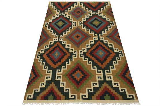 Kilim Rug 6'3'' x 9'9'' Brown Wool Geometric Handwoven Oriental Carpet