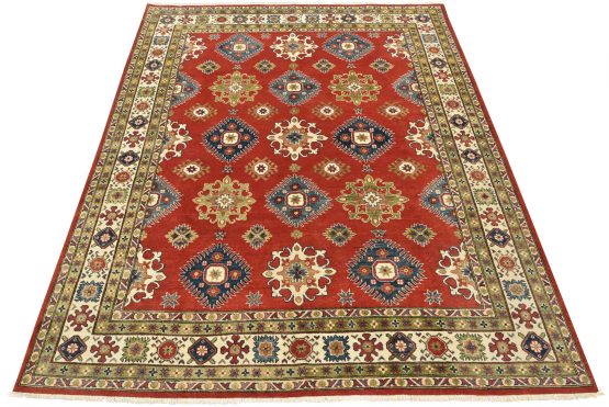 Kazak Rug 8'1'' x 9'7'' Red Wool Tribal Hand-Knotted Oriental Carpet