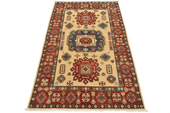 Kazak Rug 4'1'' x 6'4'' Beige Wool Tribal Hand-Knotted Oriental Carpet