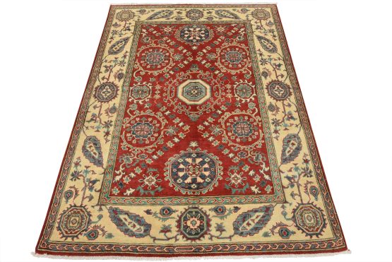 Kazak Rug 5' x 6'10'' Red Wool Traditional Hand-Knotted Oriental Carpet