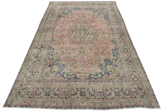 Tabriz Rug 9'2'' x 12'7'' Pink Wool Vintage Distressed Hand-Knotted Carpet