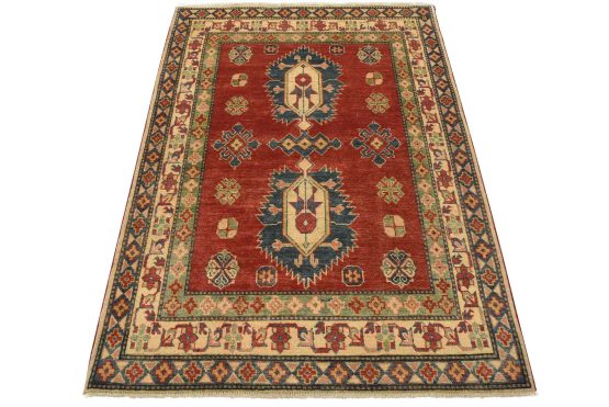Kazak Rug 4'2'' x 5'10'' Red Wool Tribal Hand-Knotted Oriental Carpet