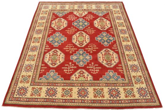 Kazak Rug 8' x 9' Red Wool Tribal Geometric Hand-Knotted Oriental Carpet