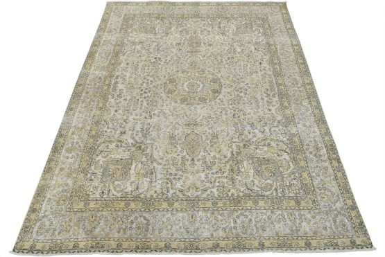 Tabriz Rug 10'1'' x 12'9'' Ivory Wool Vintage Distressed Hand-Knotted Carpet