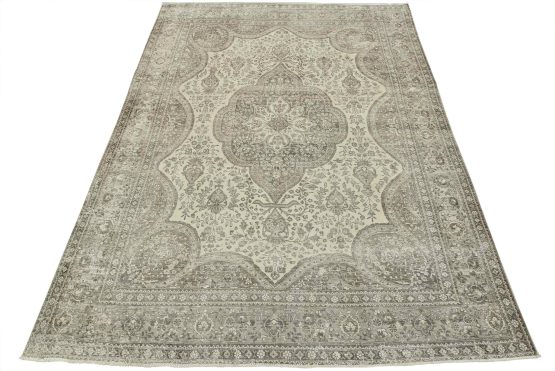 Tabriz Rug 10' x 12'10'' Ivory Wool Vintage Distressed Hand-Knotted Carpet