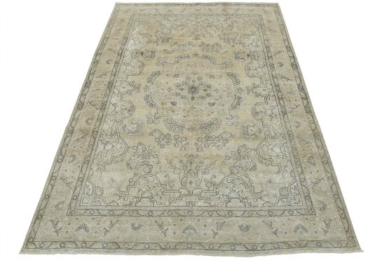 Tabriz Rug 9'7'' x 13'1'' Beige Wool Vintage Distressed Hand-Knotted Carpet