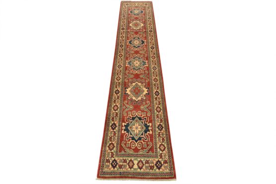 Kazak Runner 2'9'' x 13'3'' Red Wool Tribal Hand-Knotted Oriental Rug