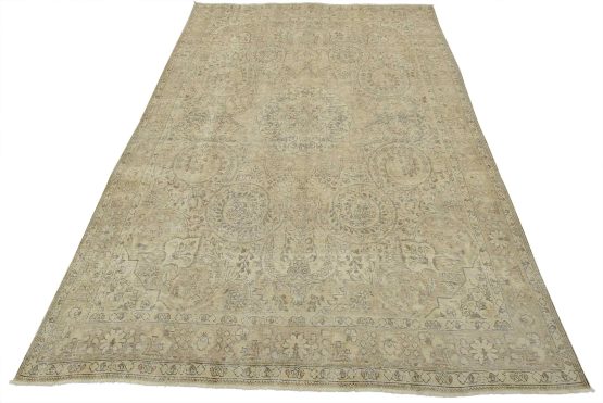 Tabriz Rug 9'7'' x 13'1'' Beige Wool Vintage Distressed Hand-Knotted Carpet