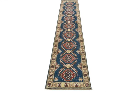 Kazak Runner 2'8'' x 11'3'' Blue Wool Tribal Hand-Knotted Oriental Rug