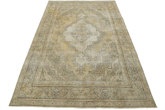 Tabriz Rug 8'3'' x 11'5'' Beige Wool Vintage Distressed Hand-Knotted Carpet