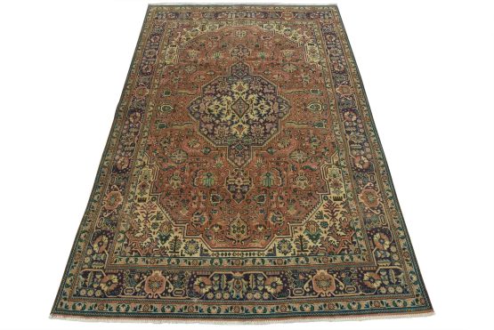 Tabriz Rug 6'9'' x 9'9'' Pink Wool Vintage Distressed Hand-Knotted Carpet