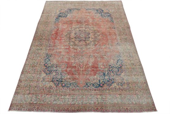 Sabzevar Rug 9'6'' x 12'3'' Red Wool Vintage Distressed Hand-Knotted Carpet