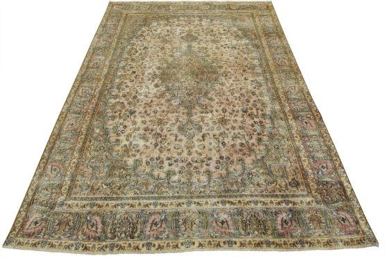 Kashan Rug 9'4'' x 11'11'' Pink Wool Vintage Distressed Hand-Knotted Carpet