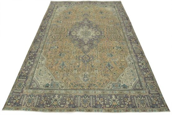 Tabriz Rug 9'5'' x 12'7'' Pink Wool Vintage Distressed Hand-Knotted Carpet