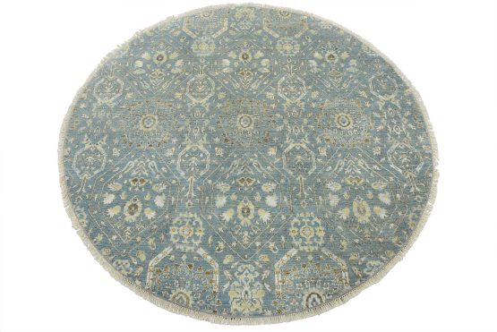 Tabriz Rug 6'1'' x 6'2'' Round Blue Wool Modern Hand-Knotted Oriental Carpet