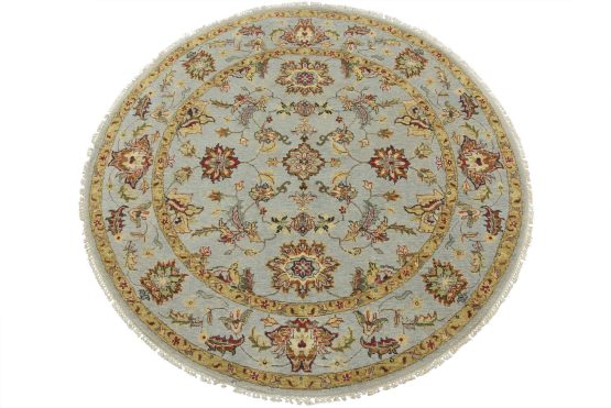 Tabriz Rug 5' x 5' Round Blue Wool Traditional Hand-Knotted Oriental Carpet