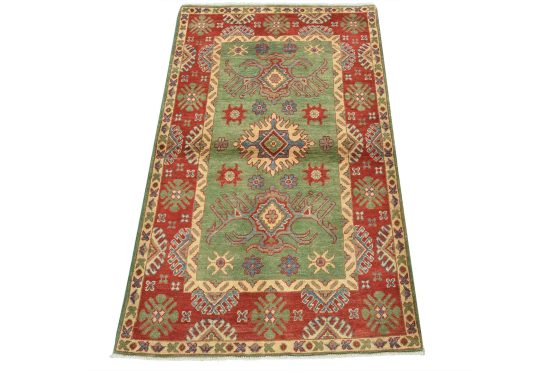 Kazak Rug 3'4'' x 5'2'' Green Wool Tribal Hand-Knotted Oriental Carpet