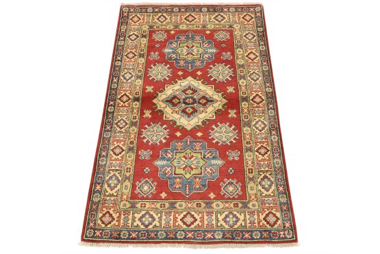 Kazak Rug 3'3'' x 4'10'' Red Wool Tribal Hand-Knotted Oriental Carpet