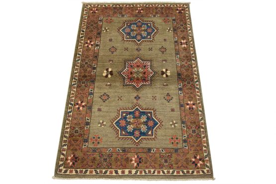Kazak Rug 3'1'' x 4'9'' Gray Wool Tribal Hand-Knotted Oriental Carpet