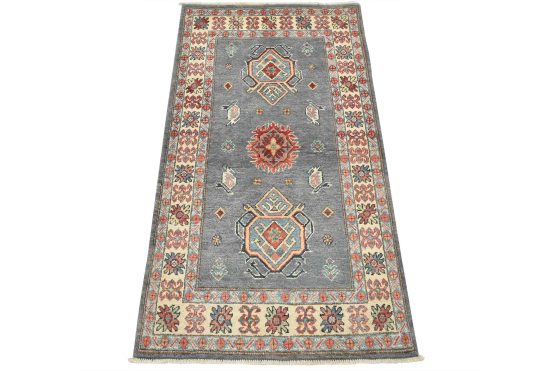Kazak Rug 2'10'' x 5'1'' Blue Wool Tribal Hand-Knotted Oriental Carpet
