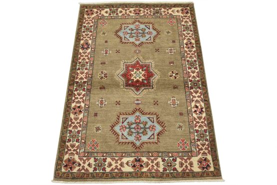 Kazak Rug 3'3'' x 4'9'' Brown Wool Tribal Hand-Knotted Oriental Carpet