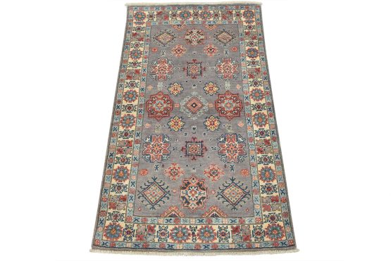 Kazak Rug 2'11'' x 4'11'' Gray Wool Tribal Hand-Knotted Oriental Carpet