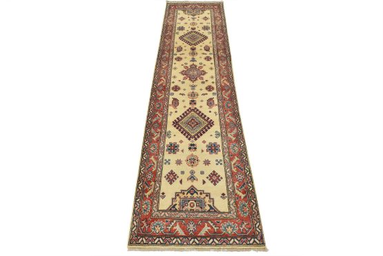 Kazak Runner 2'9'' x 9'11'' Beige Wool Tribal Hand-Knotted Oriental Rug