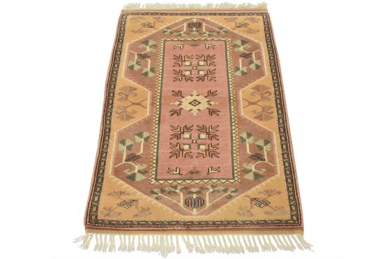 Milas Rug 3'2'' x 4'4'' Pink Wool Vintage Tribal Hand-Knotted Oriental Carpet