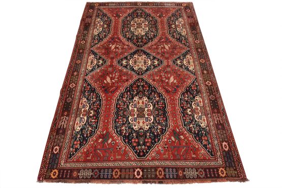 Qashqai Rug 5'5'' x 8'1'' Red Wool Vintage Tribal Hand-Knotted Oriental Carpet