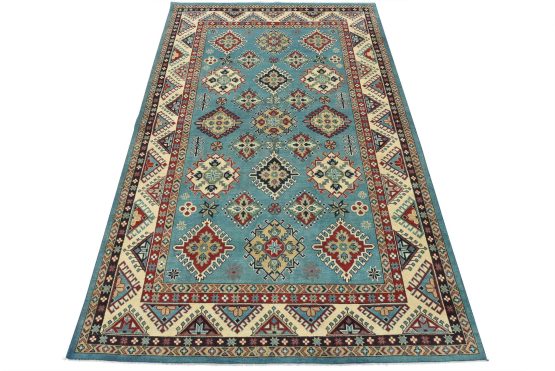 Kazak Rug 6'7'' x 9'11'' Blue Wool Tribal Hand-Knotted Oriental Carpet