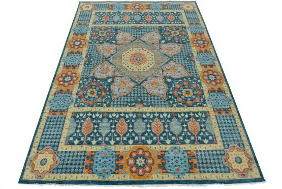 Mamluk Rug 10' x 13'11'' Blue Wool Traditional Hand-Knotted Oriental Carpet