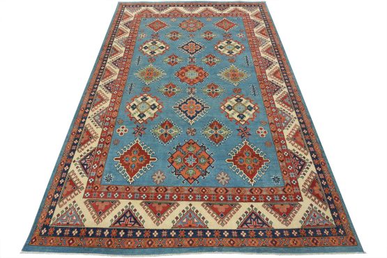 Kazak Rug 6'8'' x 9'8'' Blue Wool Tribal Hand-Knotted Oriental Carpet