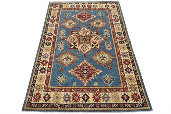 Kazak Rug 4'11'' x 6'9'' Blue Wool Tribal Hand-Knotted Oriental Carpet