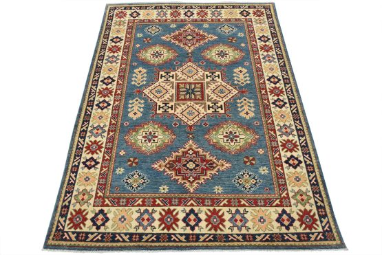 Kazak Rug 5' x 6'8'' Blue Wool Tribal Hand-Knotted Oriental Carpet