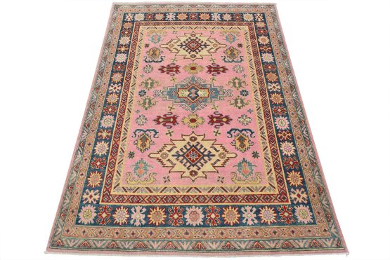 Kazak Rug 4'11'' x 6'7'' Pink Wool Tribal Hand-Knotted Oriental Carpet