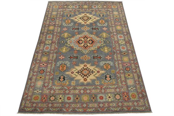 Kazak Rug 5' x 6'9'' Gray Wool Tribal Hand-Knotted Oriental Carpet