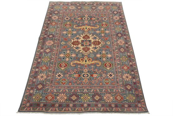Kazak Rug 5' x 6'10'' Gray Wool Tribal Hand-Knotted Oriental Carpet