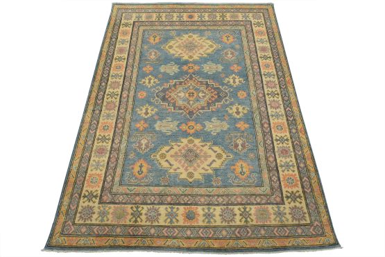 Kazak Rug 5' x 6'9'' Blue Wool Tribal Hand-Knotted Oriental Carpet