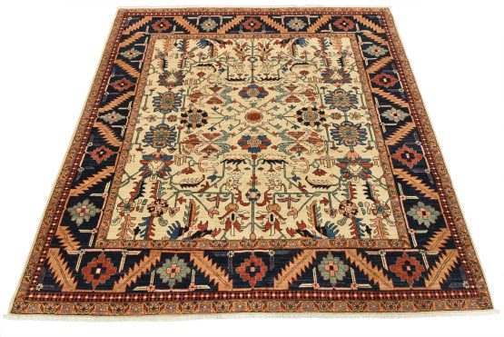 Heriz Ziegler Rug 9' x 9' Beige Wool Traditional Hand-Knotted Oriental Carpet