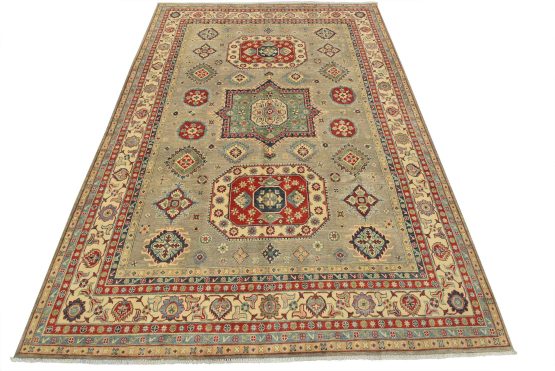 Kazak Rug 8'8'' x 11'10'' Gray Wool Tribal Hand-Knotted Oriental Carpet