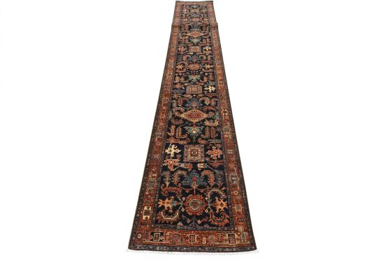 Heriz Ziegler Runner 3'1'' x 18'5'' Blue Wool Hand-Knotted Oriental Rug