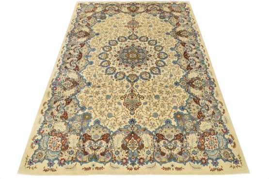 Kashan Rug 10'2'' x 14'1'' Ivory Wool Vintage Traditional Hand-Knotted Carpet