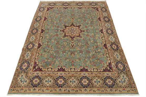 Kerman Rug 10'1'' x 12'11'' Green Wool Vintage Traditional Hand-Knotted Carpet