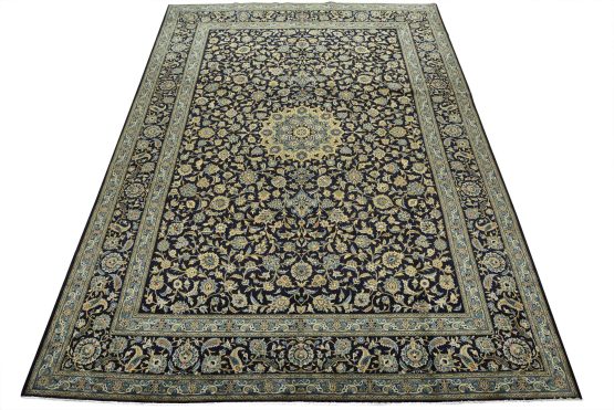 Kashan Rug 10'3'' x 13'5'' Blue Wool Vintage Traditional Hand-Knotted Carpet