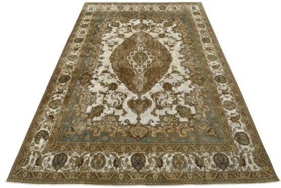 Tabriz Rug 9'5'' x 12'4'' Ivory Wool Vintage Distressed Hand-Knotted Carpet
