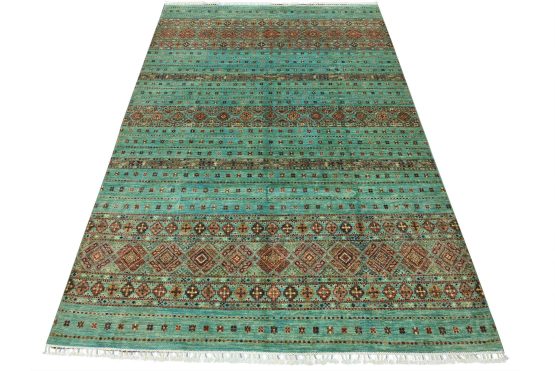 Fine Khorjin Rug 7'9'' x 11'3'' Blue Wool Tribal Hand-Knotted Oriental Carpet