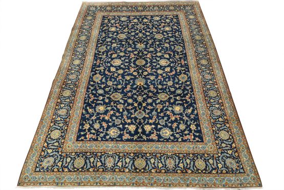 Kashan Rug 9'6'' x 13'3'' Blue Wool Vintage Traditional Hand-Knotted Carpet