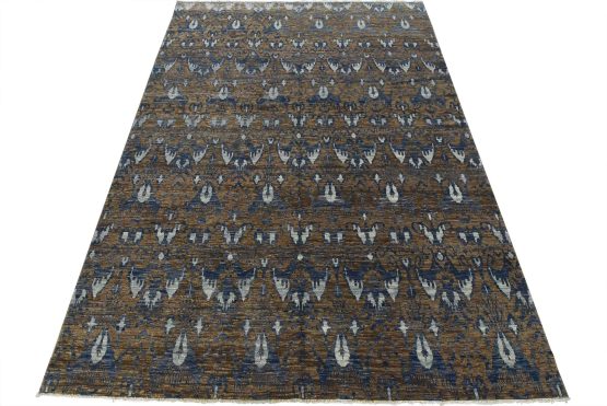 Ikat Rug 9'11'' x 14' Brown Blue Wool Modern Hand-Knotted Oriental Carpet
