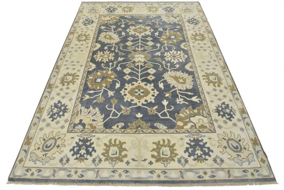 Oushak Rug 9' x 12'2'' Blue Wool Traditional Hand-Knotted Oriental Carpet